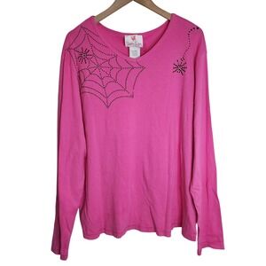 Quacker‎ Factory Shirt Women's XL Halloween Spider Web Long Sleeve Top Pink